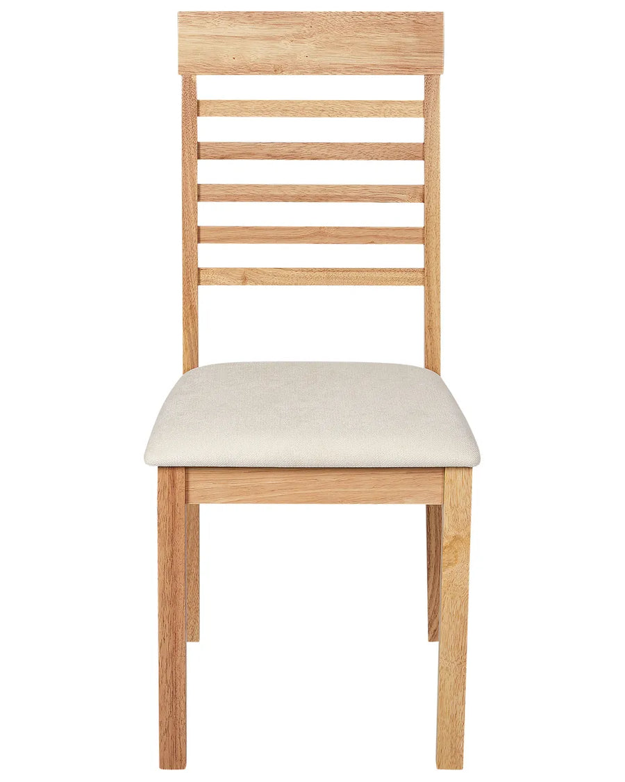 Classic dining chair featuring a solid wood frame in a natural oak finish, complemented by a softly padded upholstered seat in a light neutral fabric. The tall ladder-back design provides timeless appeal while offering supportive seating, making it a versatile addition to both traditional and contemporary dining spaces.