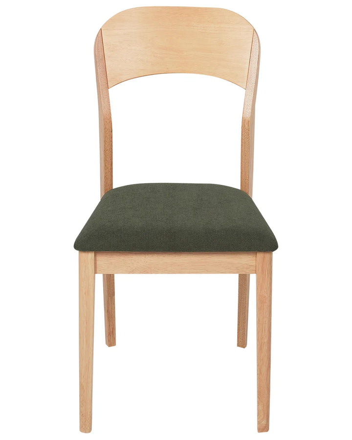 Minimalist dining chair with a light natural wood frame, gently curved open backrest, and dark olive green upholstered seat cushion, shown against a clean white background.