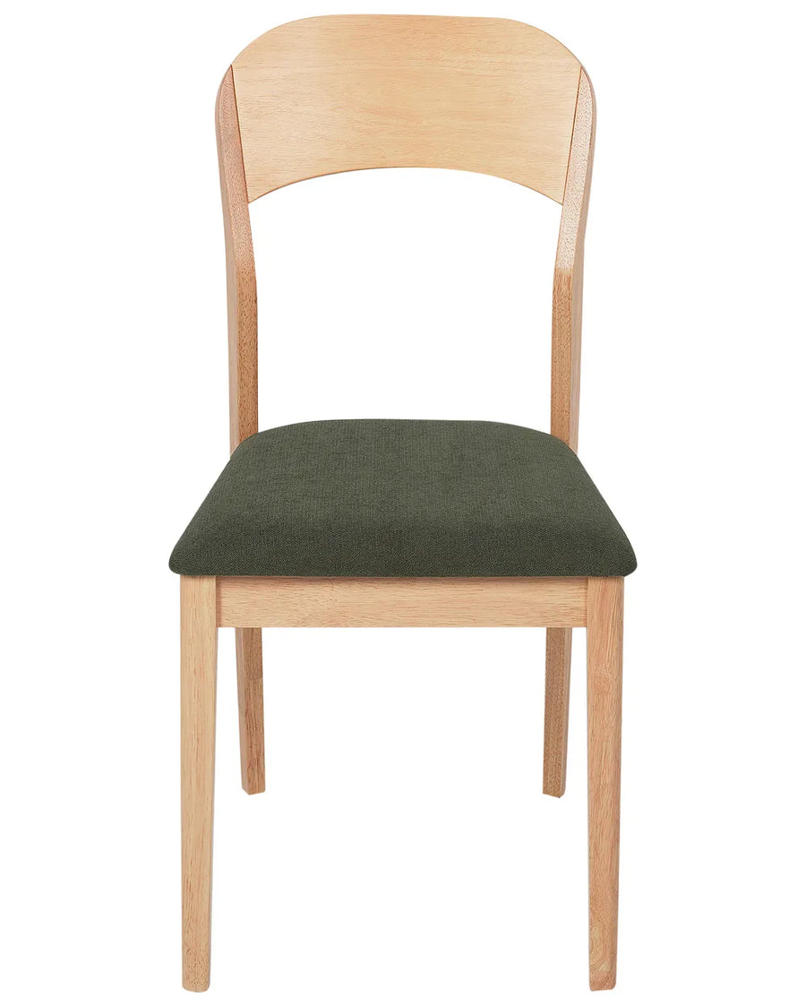 Minimalist dining chair with a light natural wood frame, gently curved open backrest, and dark olive green upholstered seat cushion, shown against a clean white background.
