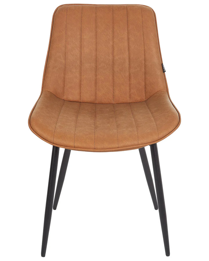 Brown faux leather dining chair with vertical stitched detailing, a curved seat, and slim black metal legs, offering a modern industrial look.