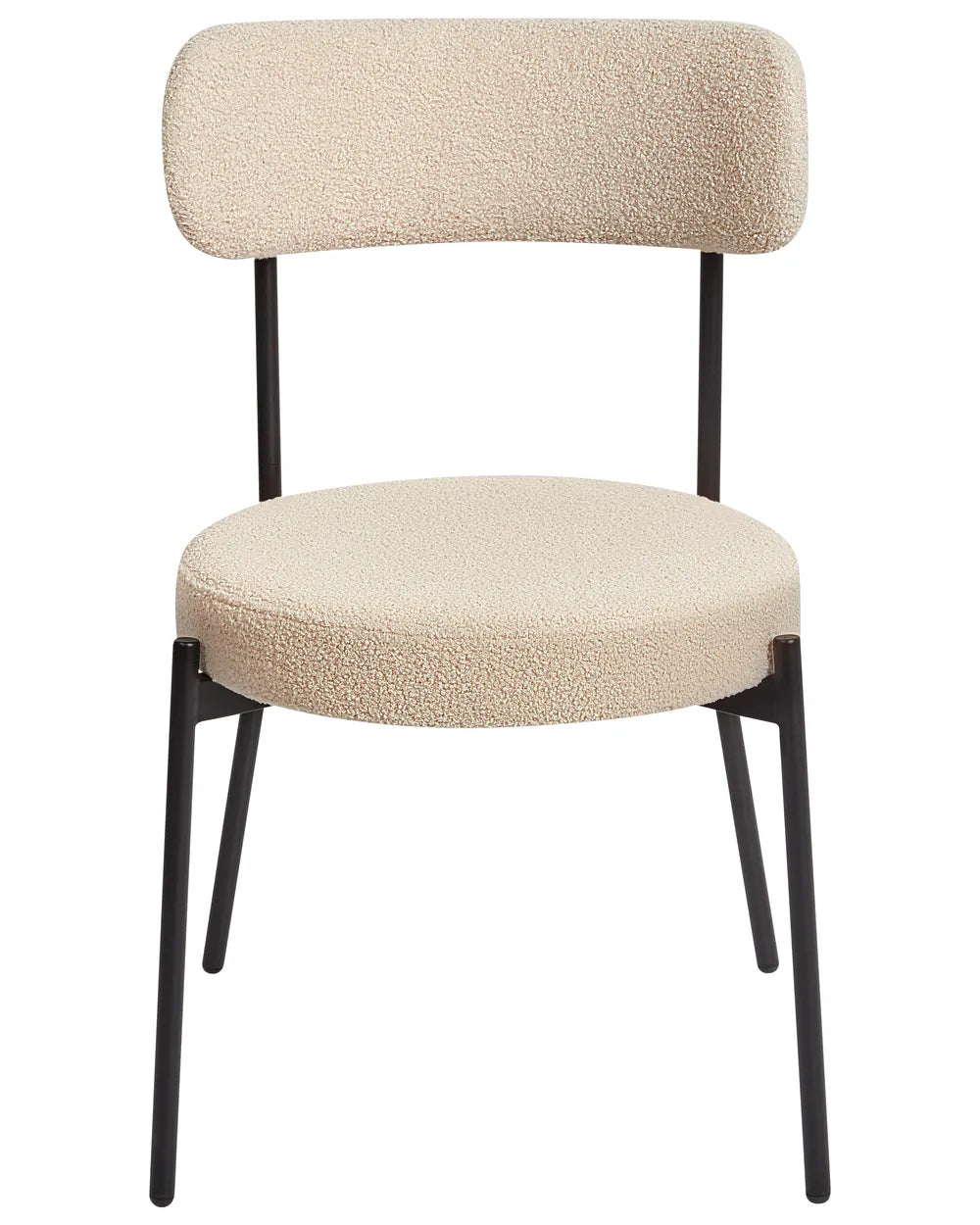 Cream bouclé dining chair with a rounded seat, curved backrest, and black metal legs.