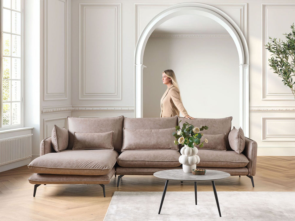 Gallo Right Hand Faux Suede Corner Sofa Light Brown 