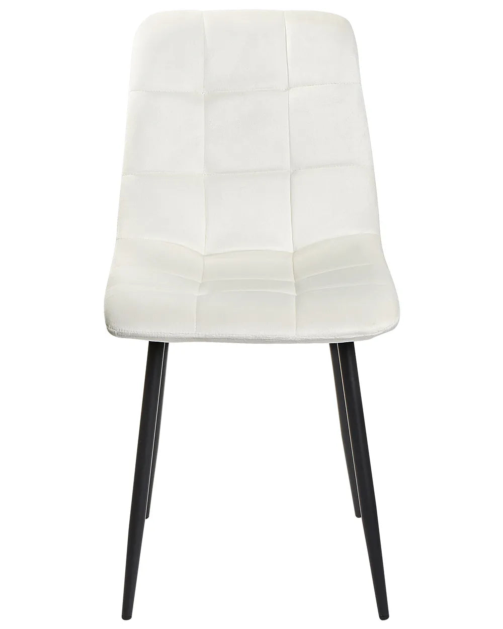 Modern dining chair featuring soft white upholstery with stitched square tufting and sleek black metal legs, offering a clean and contemporary look.