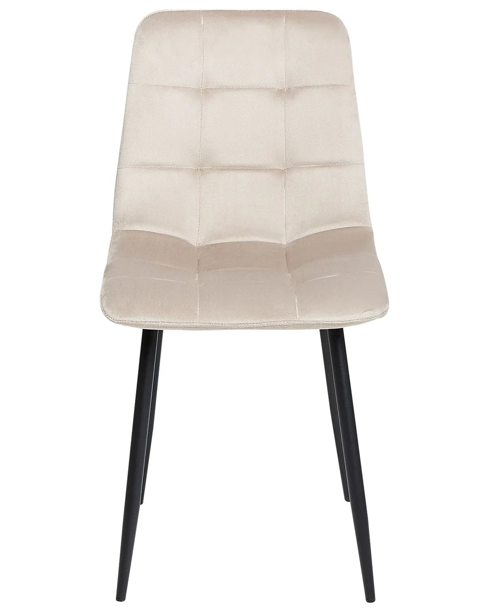 Elegant dining chair upholstered in soft beige velvet with square tufted stitching and slim black metal legs, blending comfort with modern style.