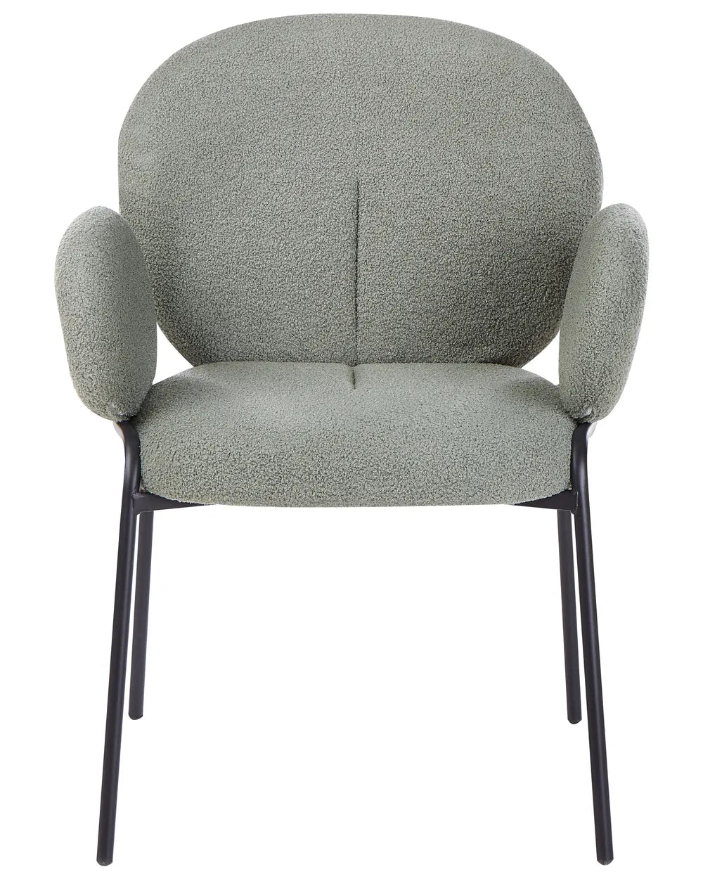 Light green bouclé dining chair with a tall curved backrest, padded seat with integrated armrests, and slim black metal legs.
