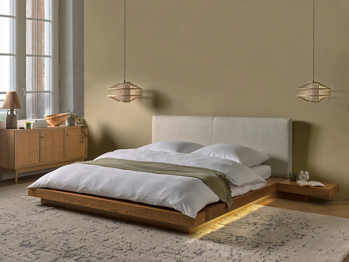 Bed with LED Boucle 160 x 200 cm (EU King Size) LED Natural Ash Wood Olivia