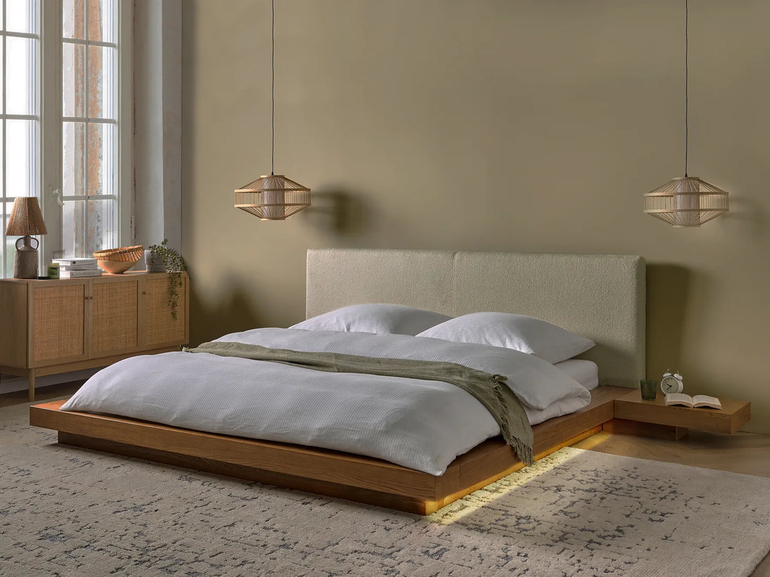 Bed with LED Boucle 180 x 200 cm (EU Super King) Natural Ash Wood Olivia
