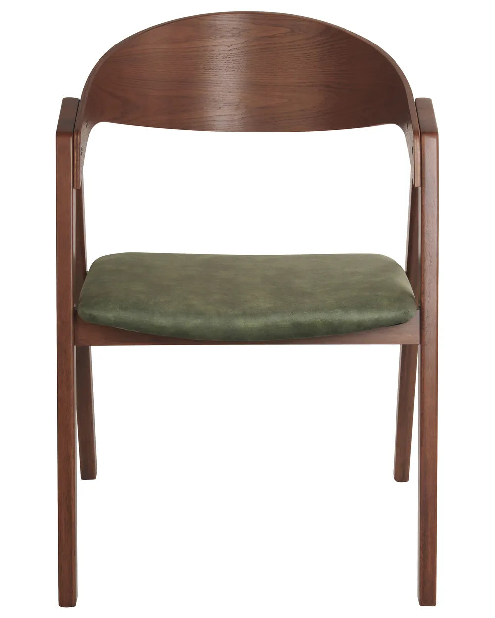 Dark wood dining chair with curved backrest and green upholstered seat on a white background.