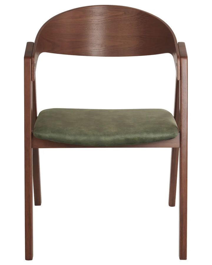 Dark wood dining chair with curved backrest and green upholstered seat on a white background.