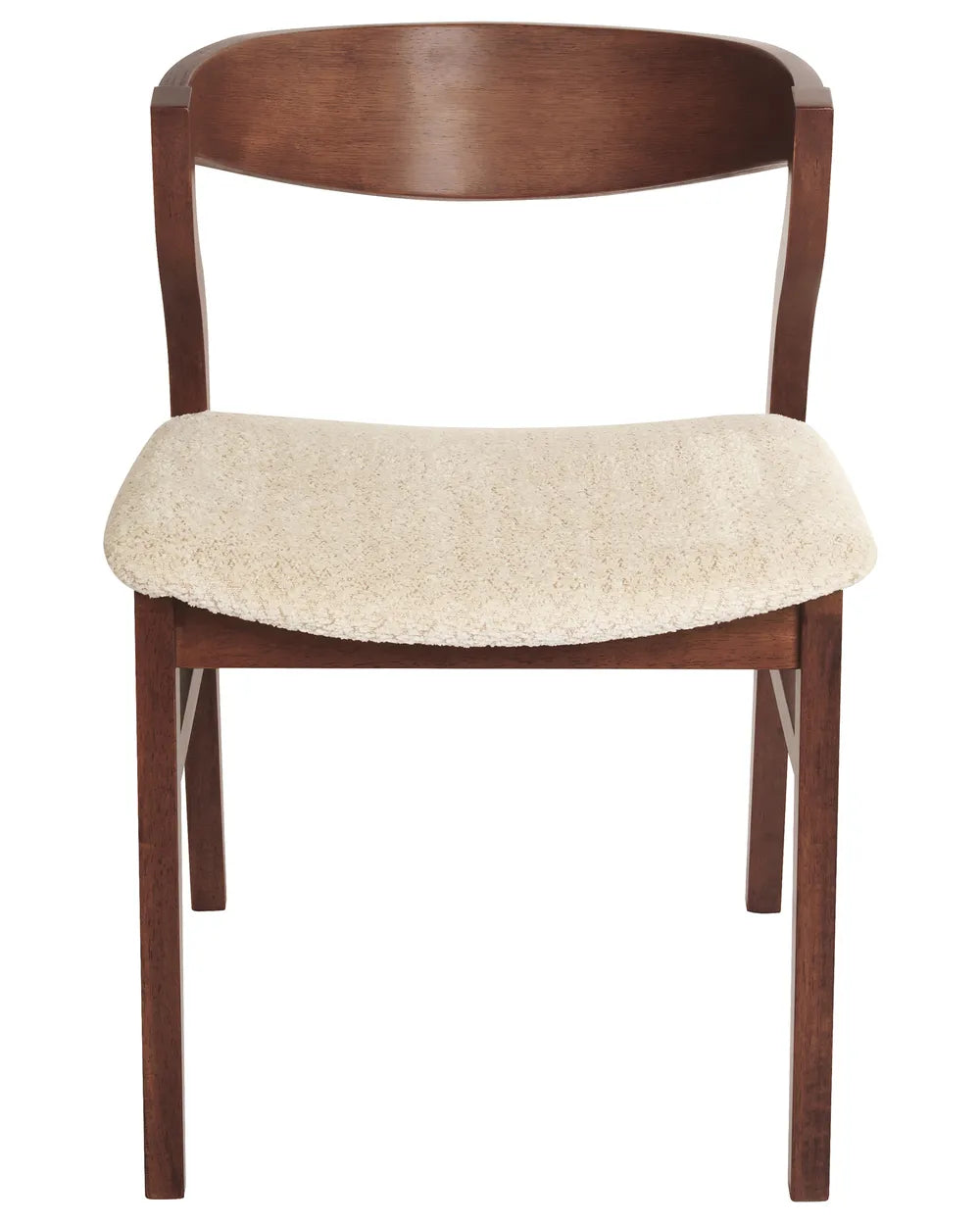 Modern dining chair with a curved walnut wood backrest, textured cream boucle-style cushioned seat, and warm brown wooden frame, displayed against a clean white background.
