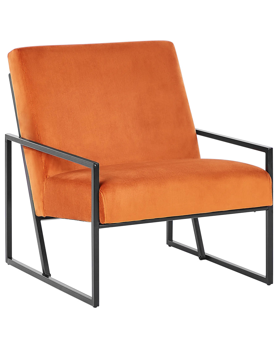 Orange chair with black metal frame on a white background