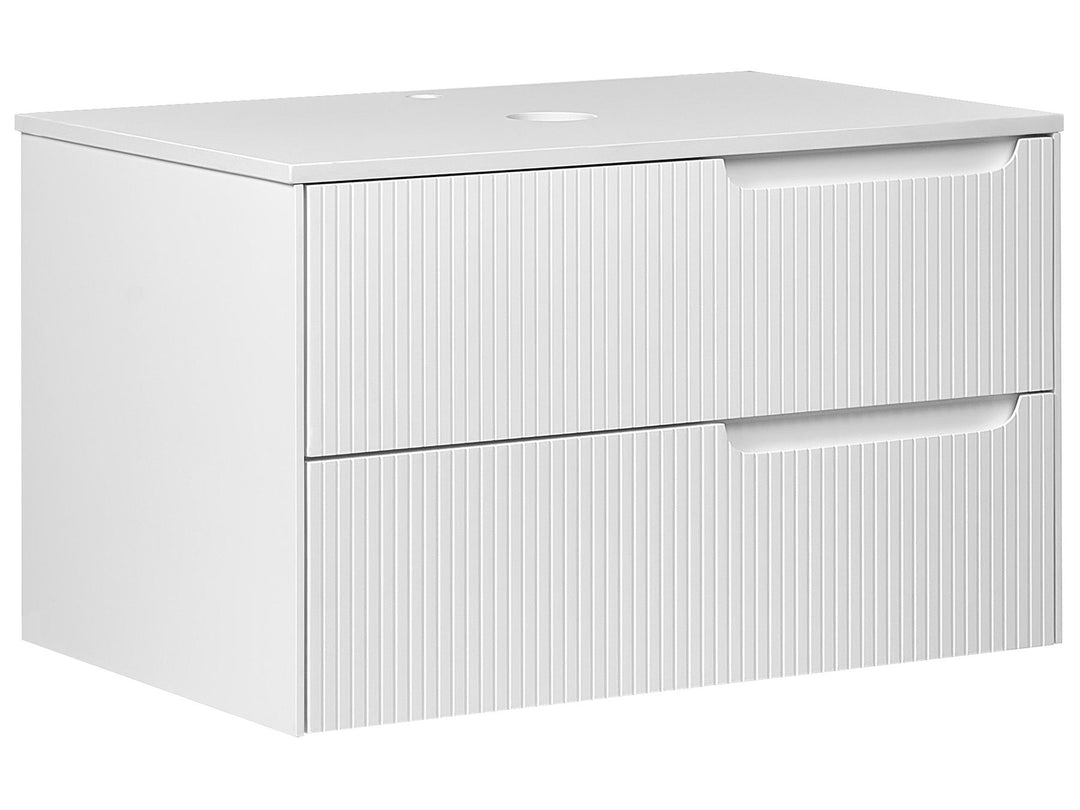 White bathroom vanity with two drawers on a white background