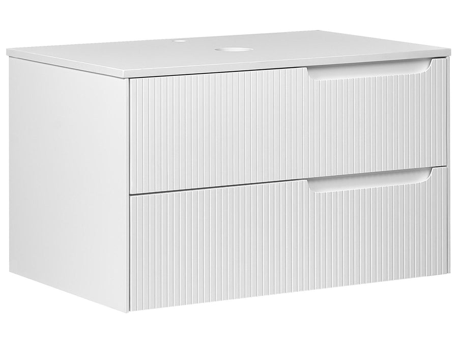 White bathroom vanity with two drawers on a white background