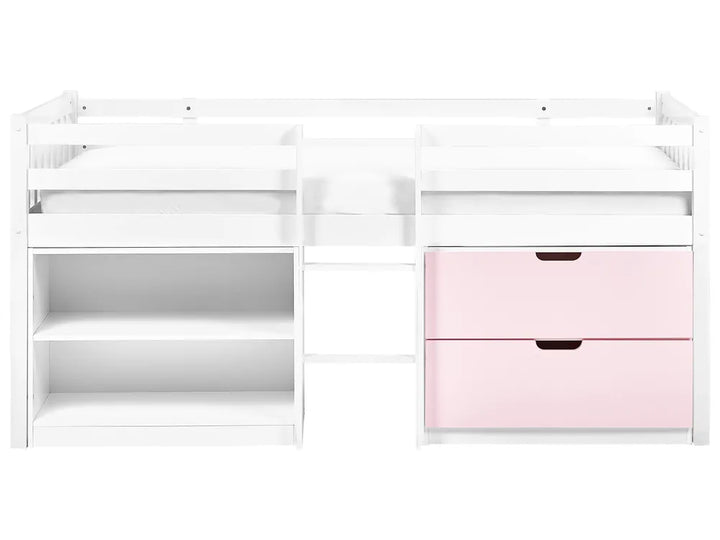 White storage unit with a pink drawer on a white background