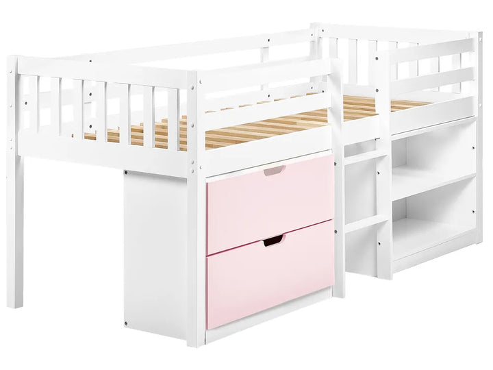 White children's bed with pink storage drawers on a white background