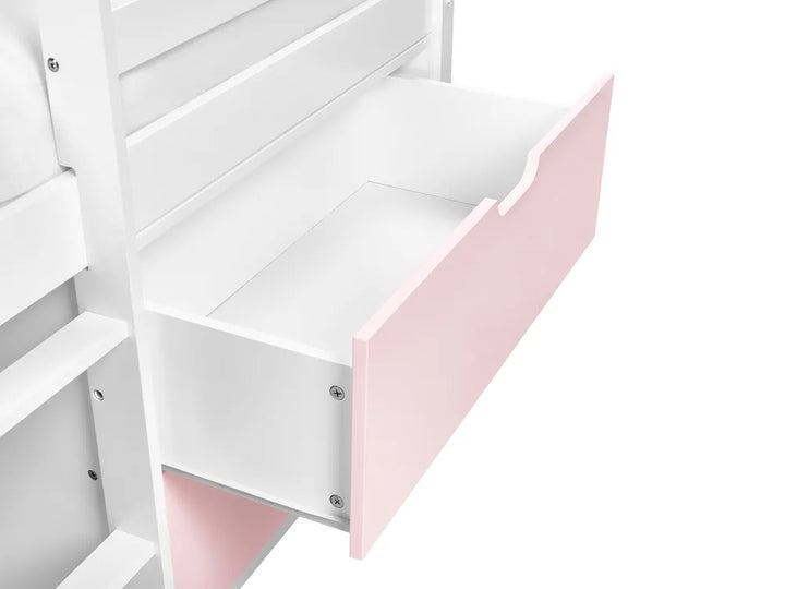 White and pink storage unit with open drawer on a white background