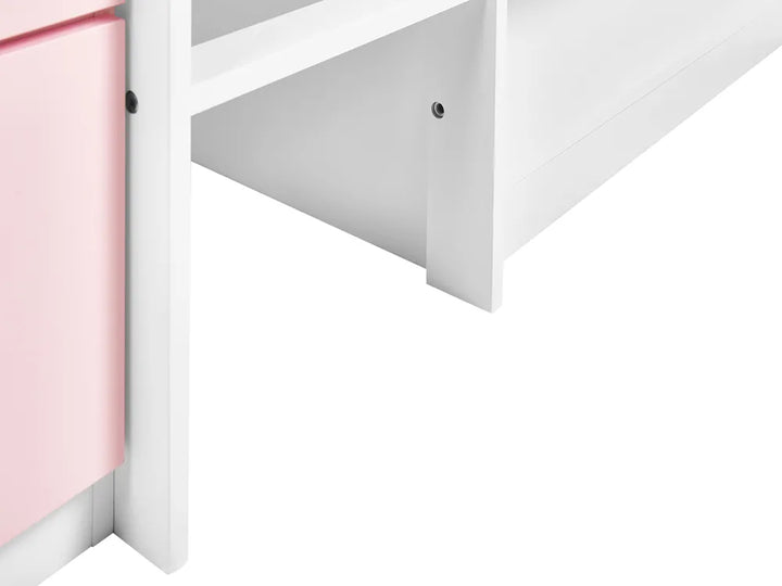 Close-up of a corner with white and pink panels on a white background