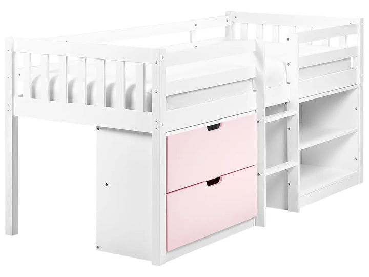 White children's bed with pink drawers on a white background