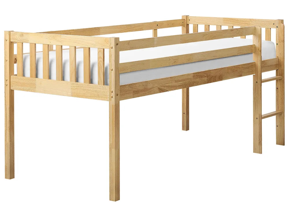 Wooden children's bed with white mattress on a white background
