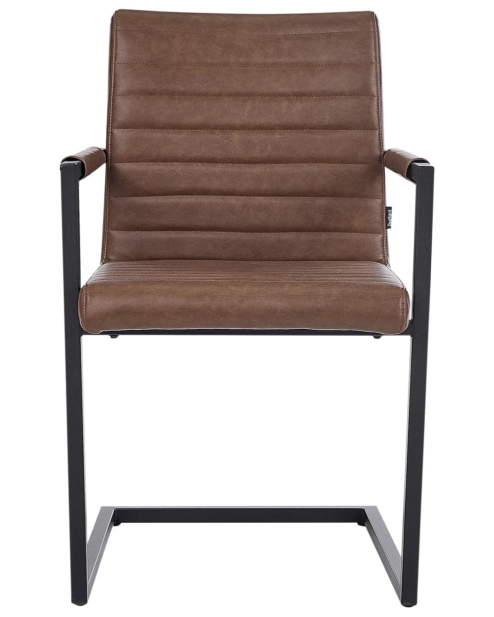Industrial-style dining chair with armrests, upholstered in vintage brown faux leather and detailed with horizontal channel stitching. The sleek black metal cantilever frame creates a bold, contemporary silhouette while providing lasting comfort and support.
