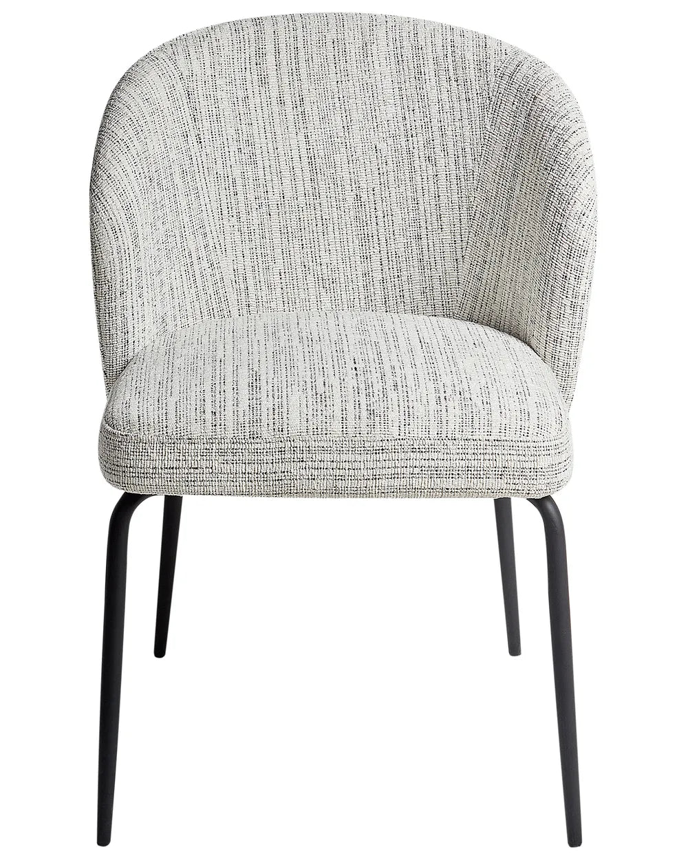 Curved accent chair upholstered in textured off-white fabric, featuring a rounded backrest, cushioned seat, and slim black metal legs.