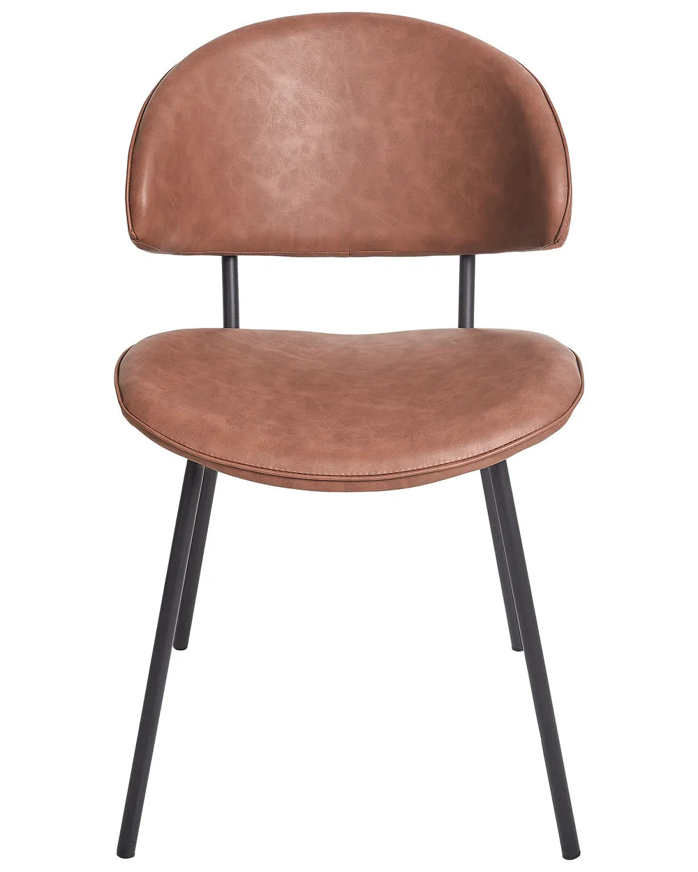Brown faux leather dining chair with a curved backrest, cushioned seat, and slim black metal legs, offering a sleek blend of comfort and modern style.