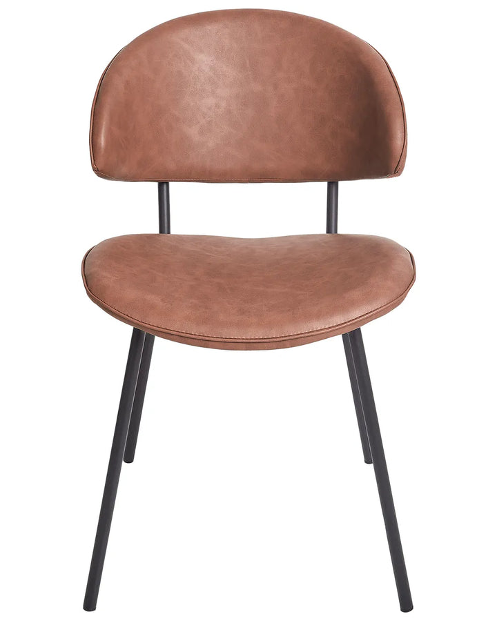 Brown faux leather dining chair with a curved backrest, cushioned seat, and slim black metal legs, offering a sleek blend of comfort and modern style.