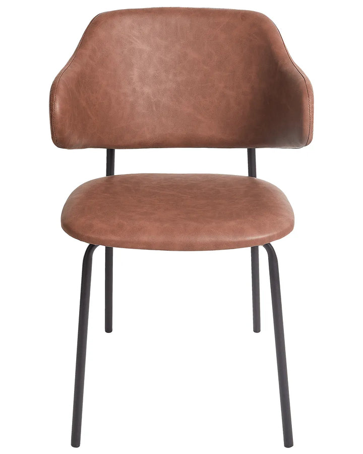 Brown faux leather dining chair with a curved wraparound backrest, cushioned seat, and slim black metal legs, displayed on a white background.