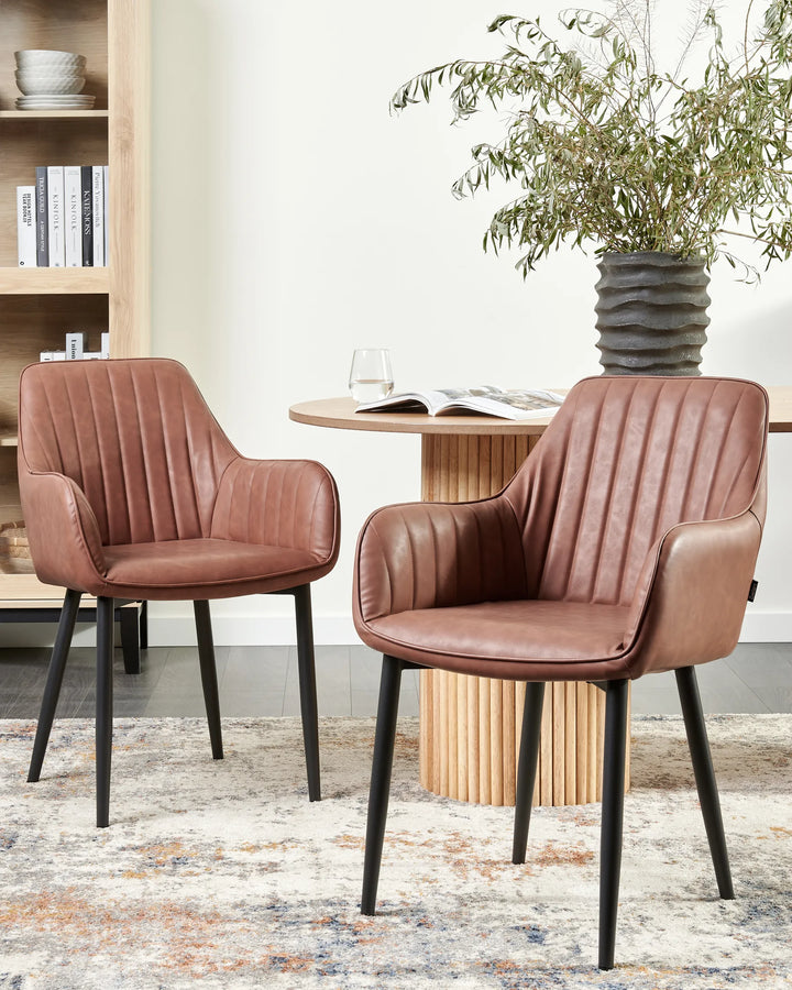 Stylish dining setting featuring brown faux leather dining chairs around a wooden table, complemented by warm wood tones, textured décor, and contemporary accents.