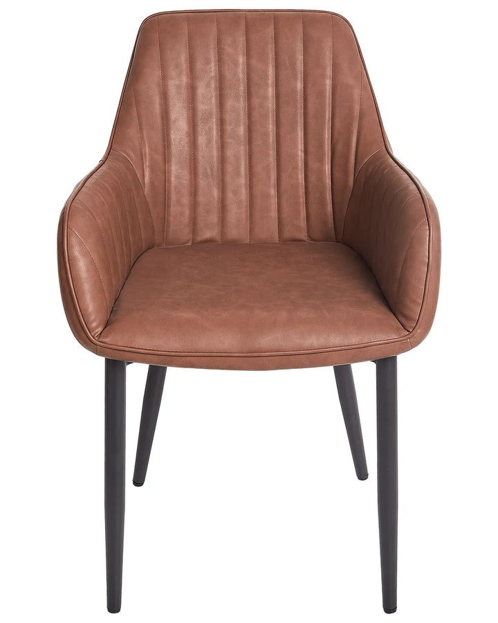 Brown faux leather dining chair with integrated armrests, vertical channel stitching, and sleek black metal legs for a modern industrial look.