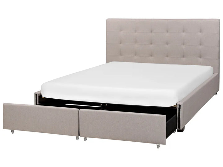 Beige upholstered bed with a white mattress 