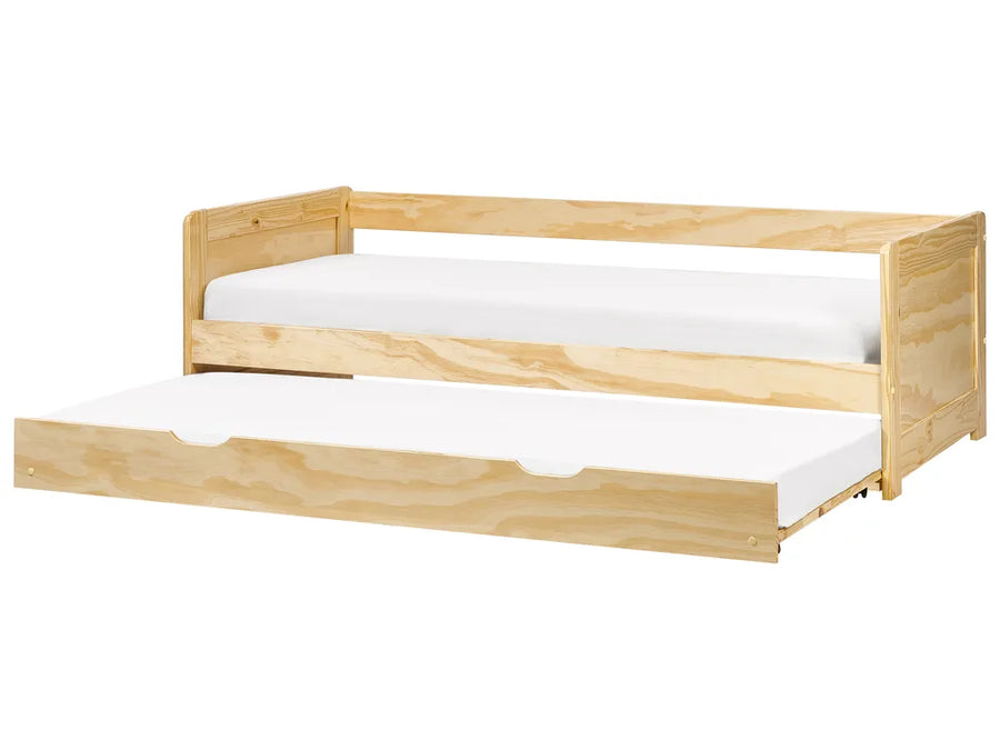 Wooden bed frame with white mattress on a white background