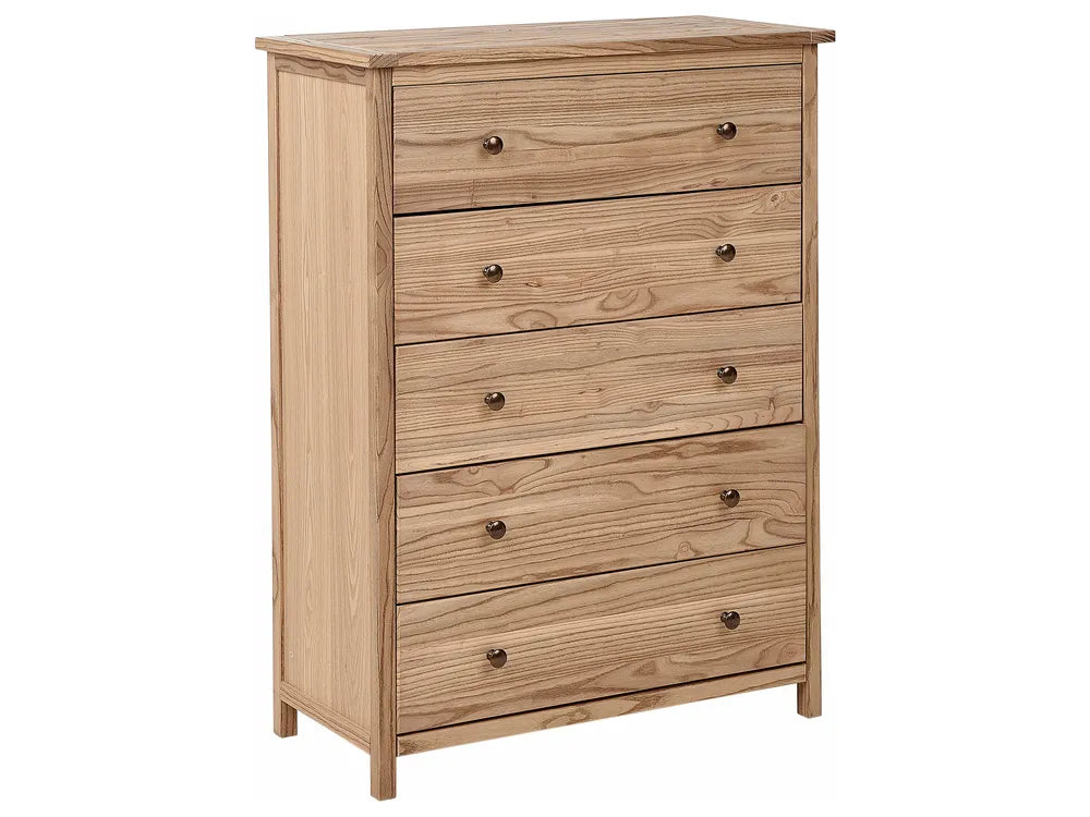 Wooden chest of drawers with five drawers on a white background
