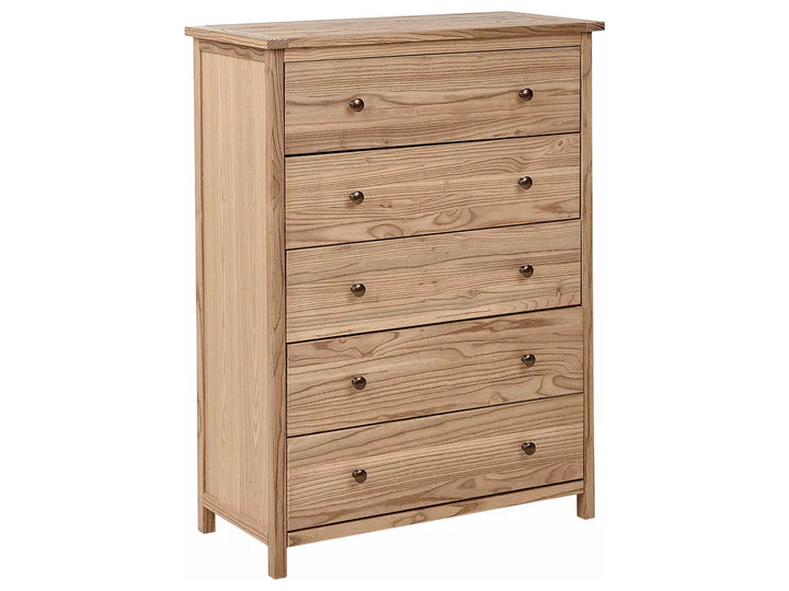 Wooden chest of drawers with five drawers on a white background