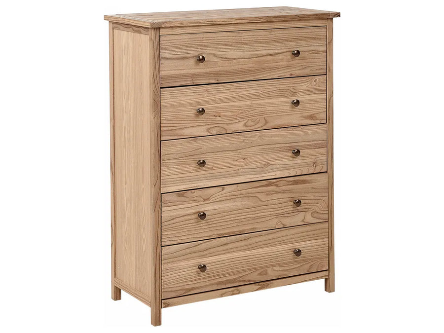 Wooden chest of drawers with five drawers on a white background