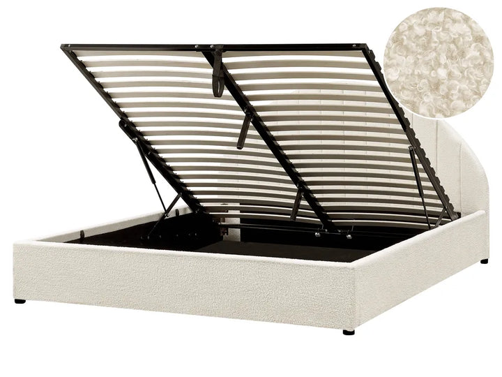 White bed frame with black slatted headboard on a white background
