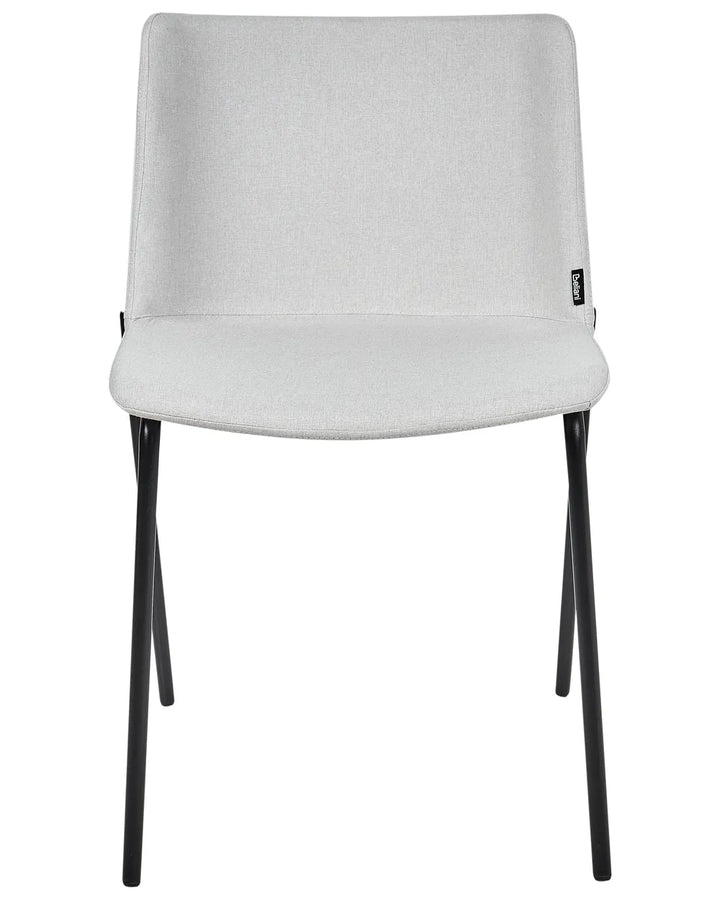 Light grey fabric dining chair without armrests, with a padded seat and backrest, on slim powder-coated black metal legs.