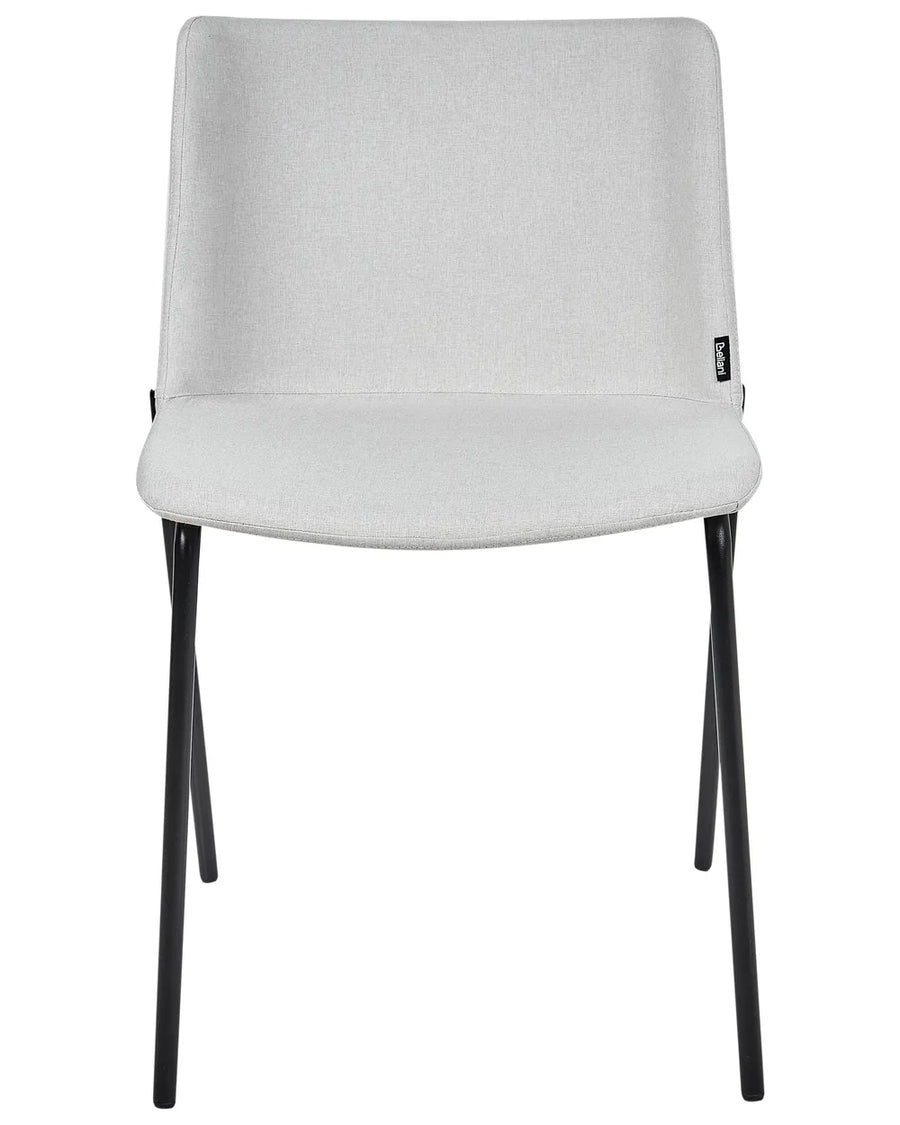 Light grey fabric dining chair without armrests, with a padded seat and backrest, on slim powder-coated black metal legs.