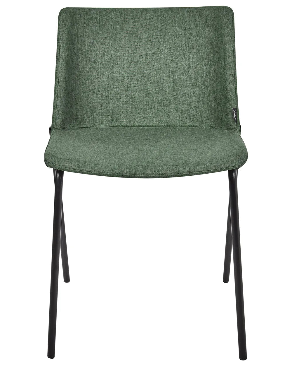 Dark green fabric dining chair without armrests, with a padded seat and backrest, on slim powder-coated black metal legs.