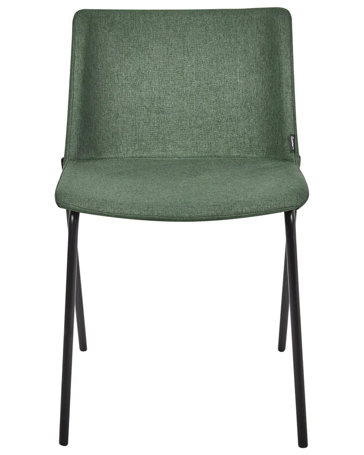 Dark green fabric dining chair without armrests, with a padded seat and backrest, on slim powder-coated black metal legs.