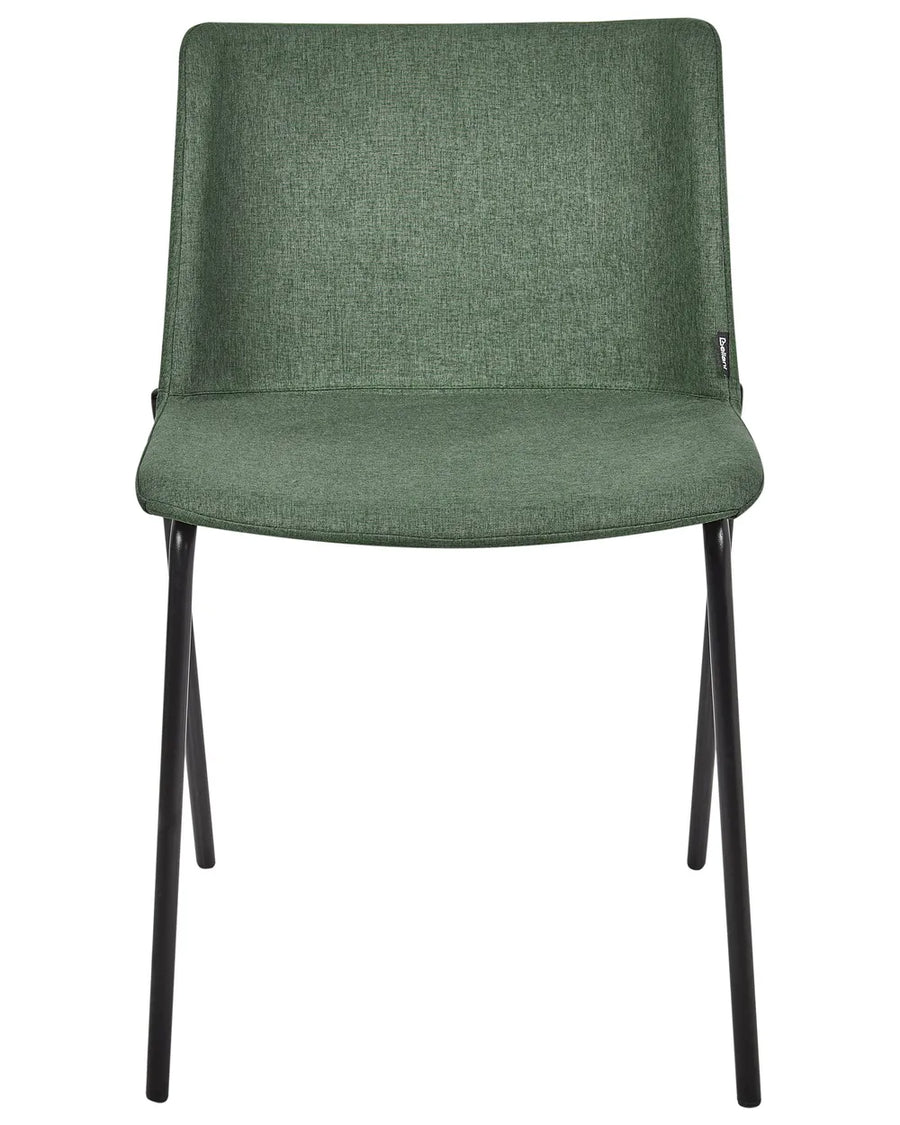 Dark green fabric dining chair without armrests, with a padded seat and backrest, on slim powder-coated black metal legs.