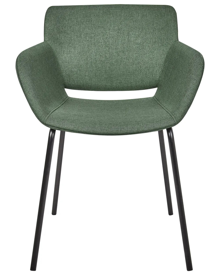 Green fabric dining chair with a padded seat, upholstered backrest, integrated armrests, and slim powder-coated black metal legs.