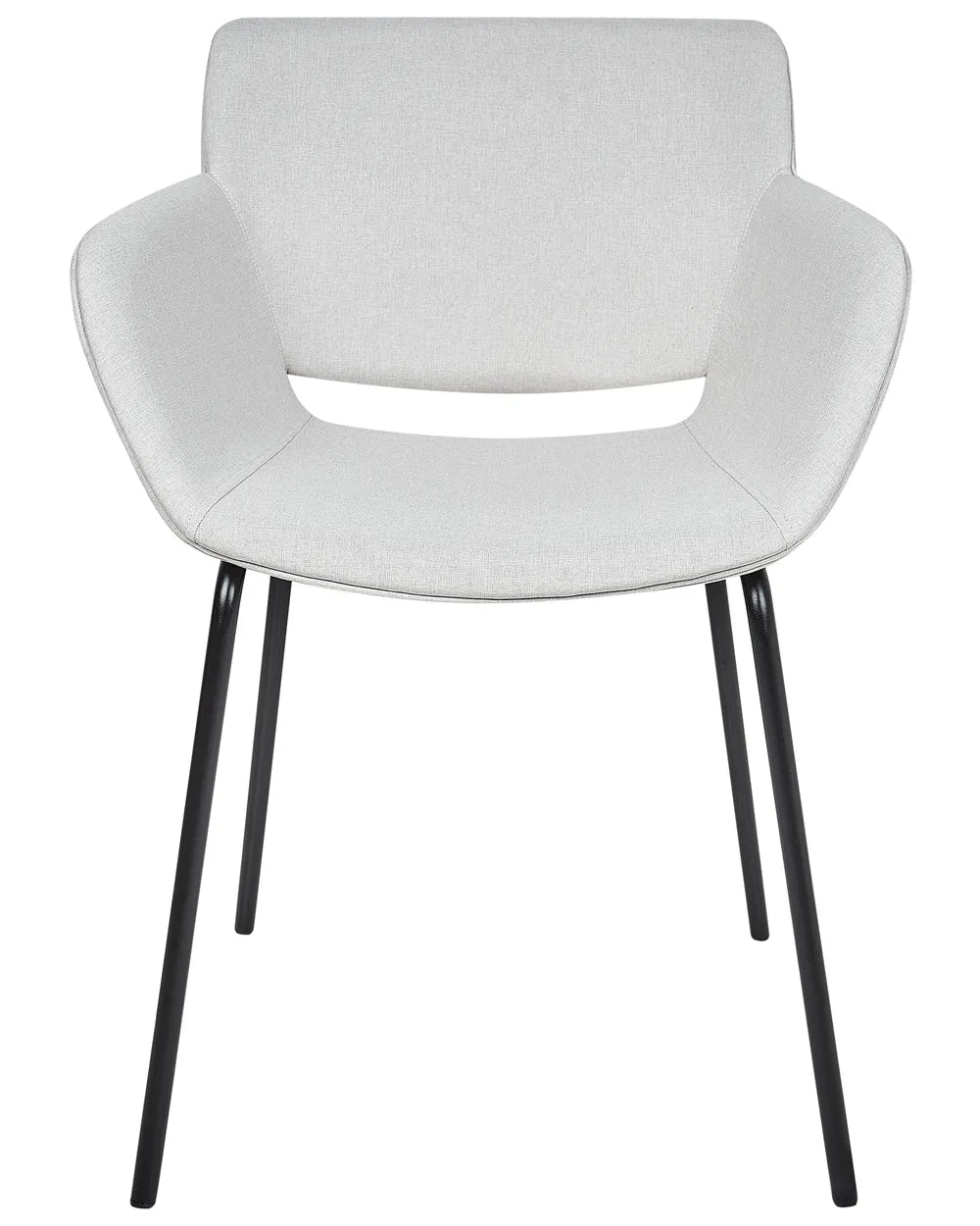 Light grey fabric dining chair with a padded seat, upholstered backrest, integrated armrests, and slim powder-coated black metal legs.