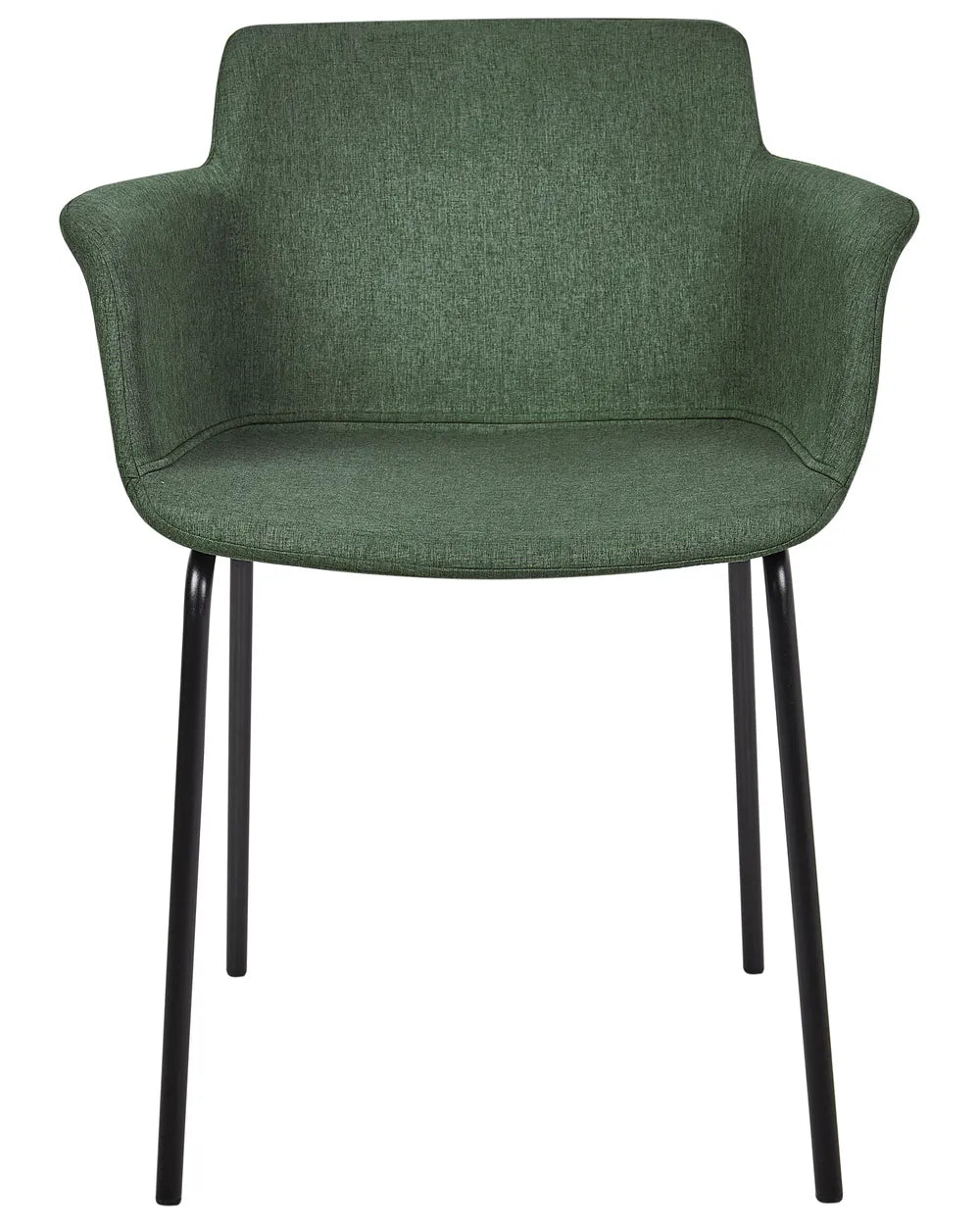 Green fabric dining chair with a padded seat, upholstered backrest, integrated armrests, and slim powder-coated black metal legs.