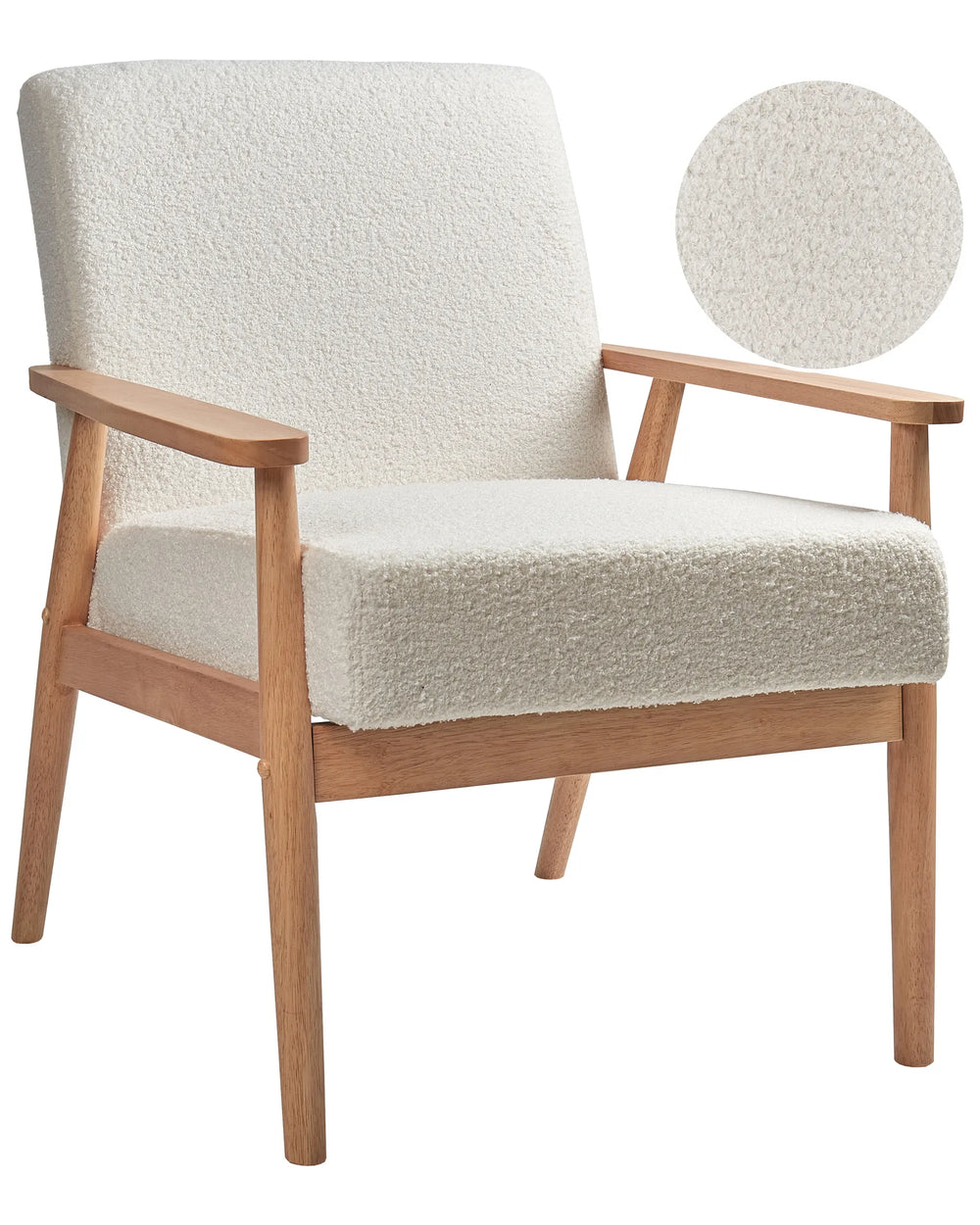 Beige armchair with wooden frame on a white background