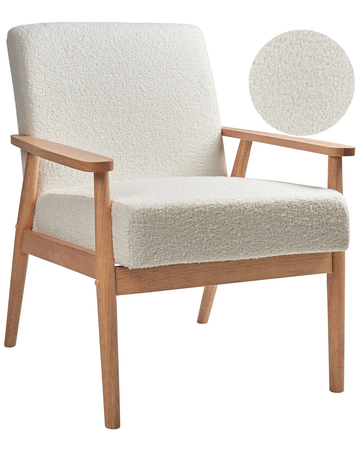 Beige armchair with wooden frame on a white background