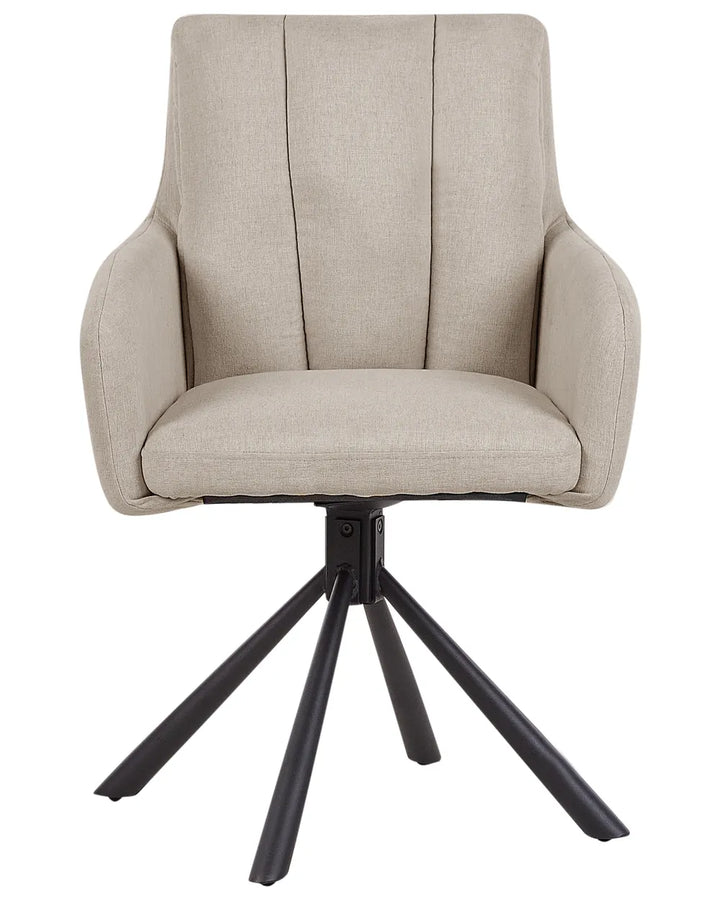 Beige upholstered swivel dining chair with a cushioned seat, supportive armrests, and a black metal base. Modern design that combines comfort and elegance.