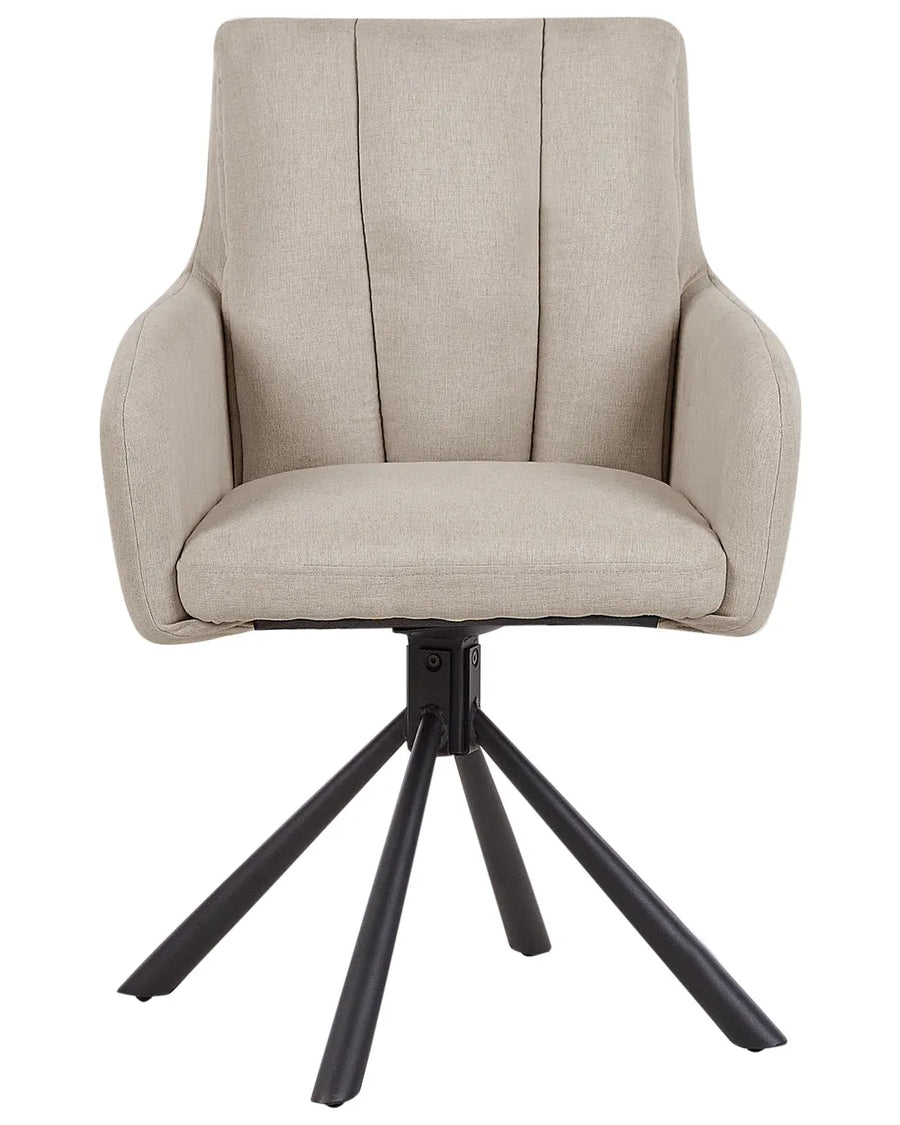 Beige upholstered swivel dining chair with a cushioned seat, supportive armrests, and a black metal base. Modern design that combines comfort and elegance.