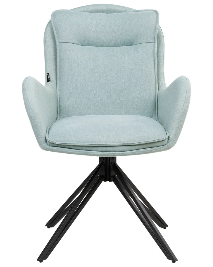 Light blue upholstered swivel dining chair with a high backrest, padded armrests, cushioned seat, and black spider-style metal swivel base for enhanced comfort and support.