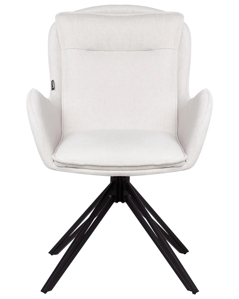 Cream upholstered swivel dining chair with a high backrest, integrated armrests, cushioned seat, and black spider-style metal base.